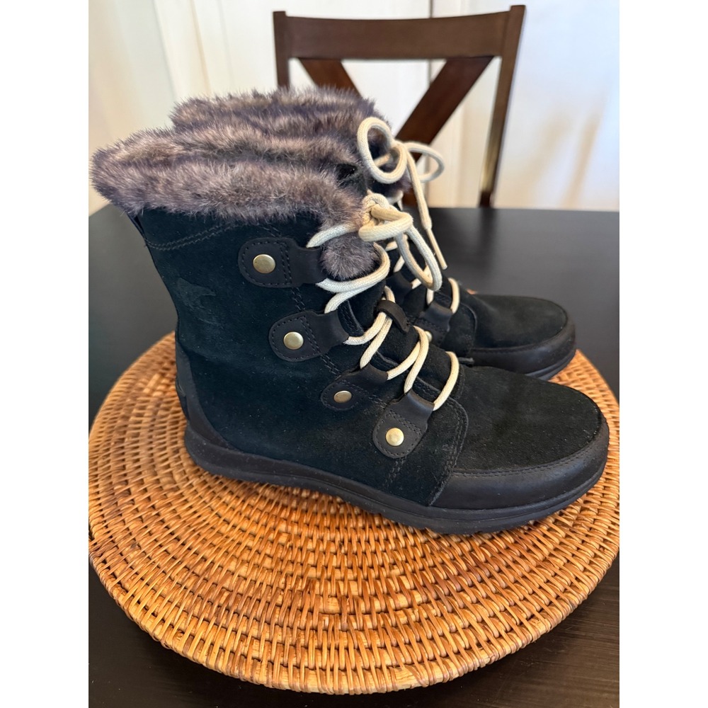 Sorel Explorer Joan Black Waterproof Suede Faux Fur Winter Boots  Womens 8